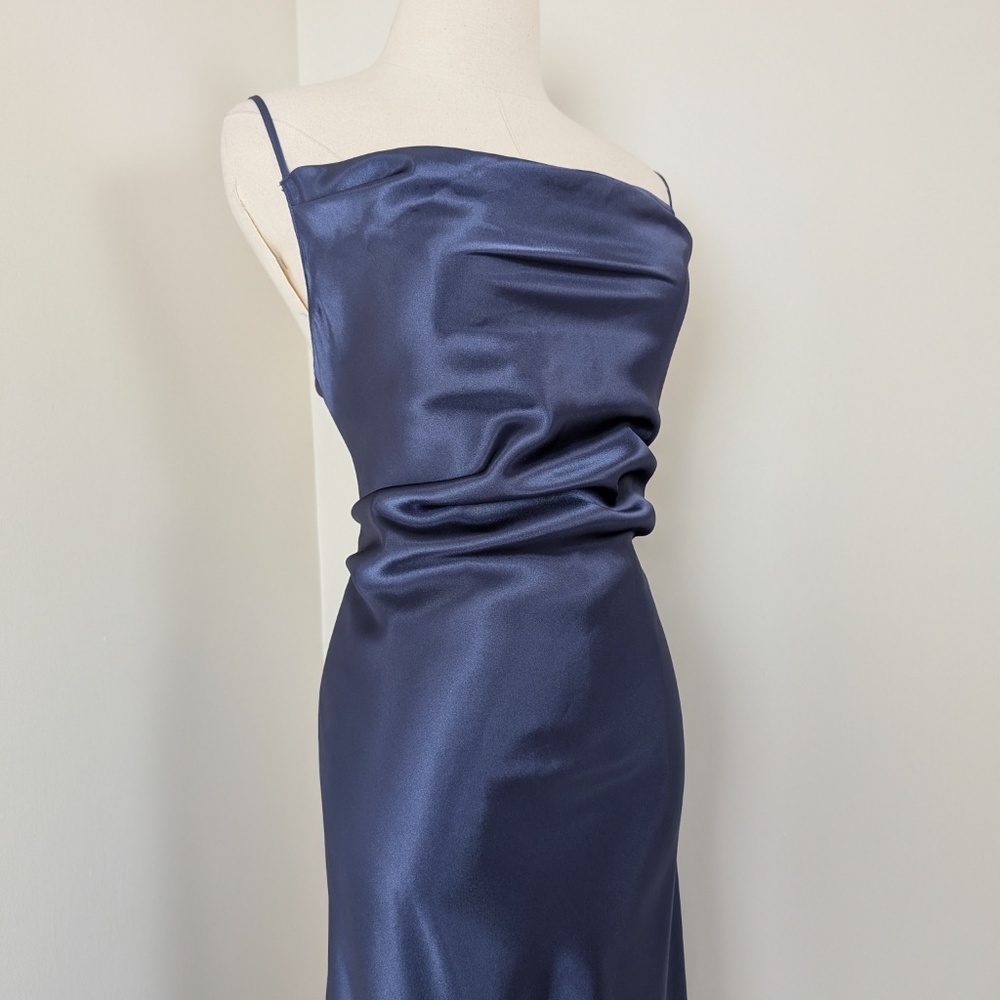 90s Navy Maxi Satin Slip Cowl Neckline Spaghetti Straps Floor Length Open Back - Picture 11 of 14